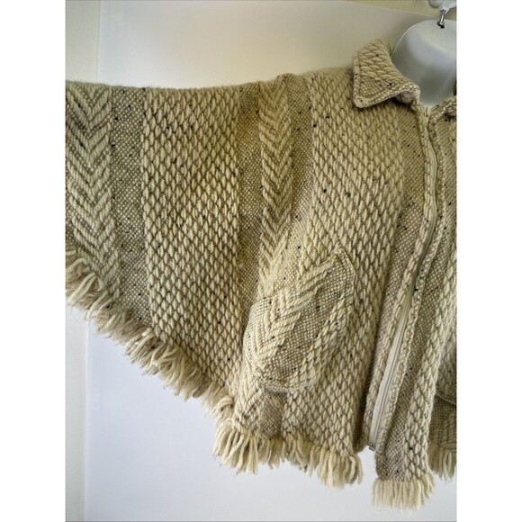 Branigan Weavers Wool Sweater Cape Poncho Beige Collar Full Zip Fringe One Size - Picture 2 of 12